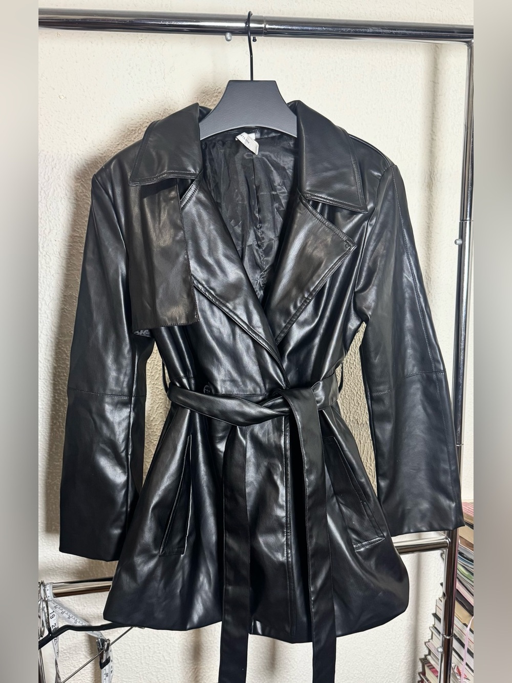 Avantlook Black Faux Leather Belted Trench Coat